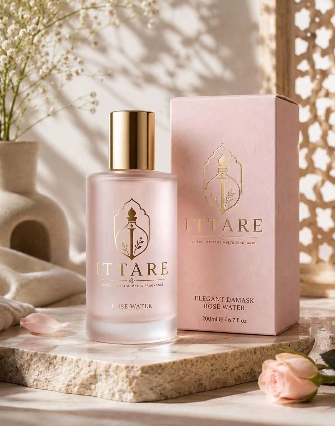 Ittare Rose Water bottle beside its pink gift box