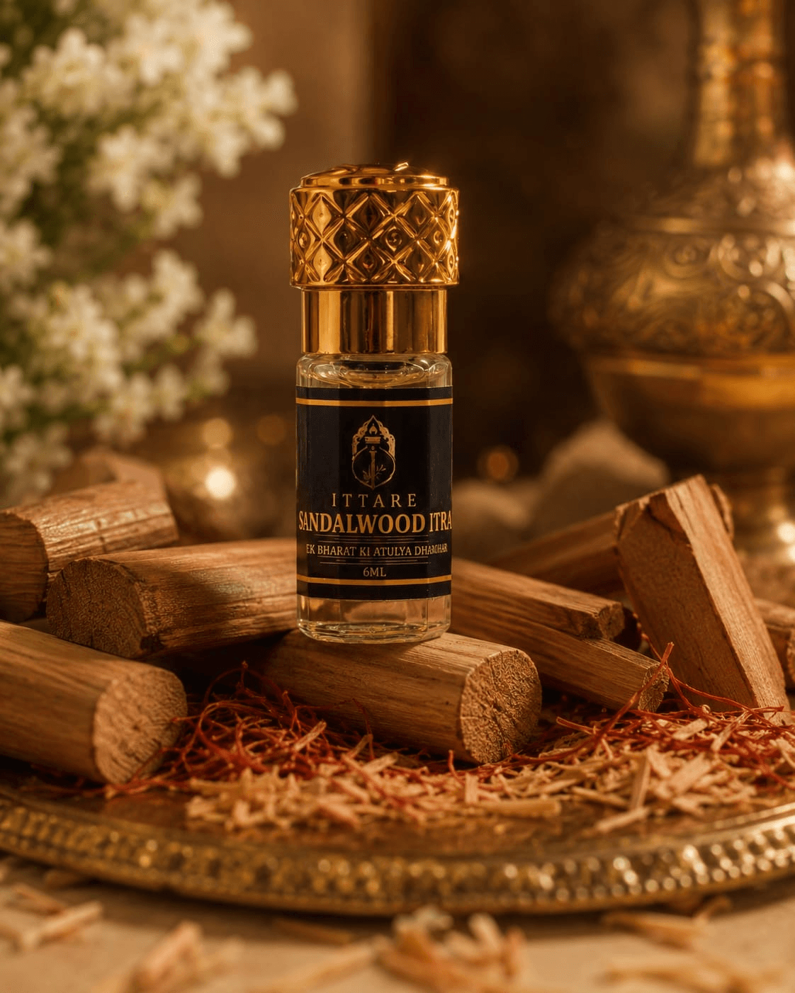 Sandalwood Itra resting on sandalwood billets